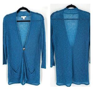 Coldwater Creek Women's Slub Knit Linen Blend Long Cardigan Blue‎ Green Medium